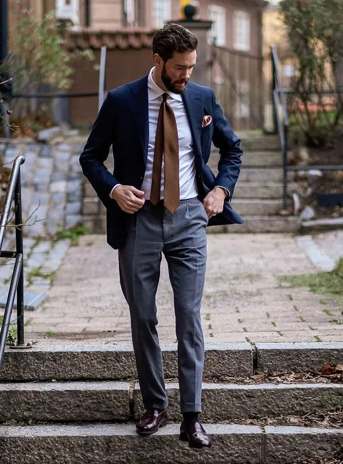 navy blazer white shirt brown tie grey dress pants brown loafers